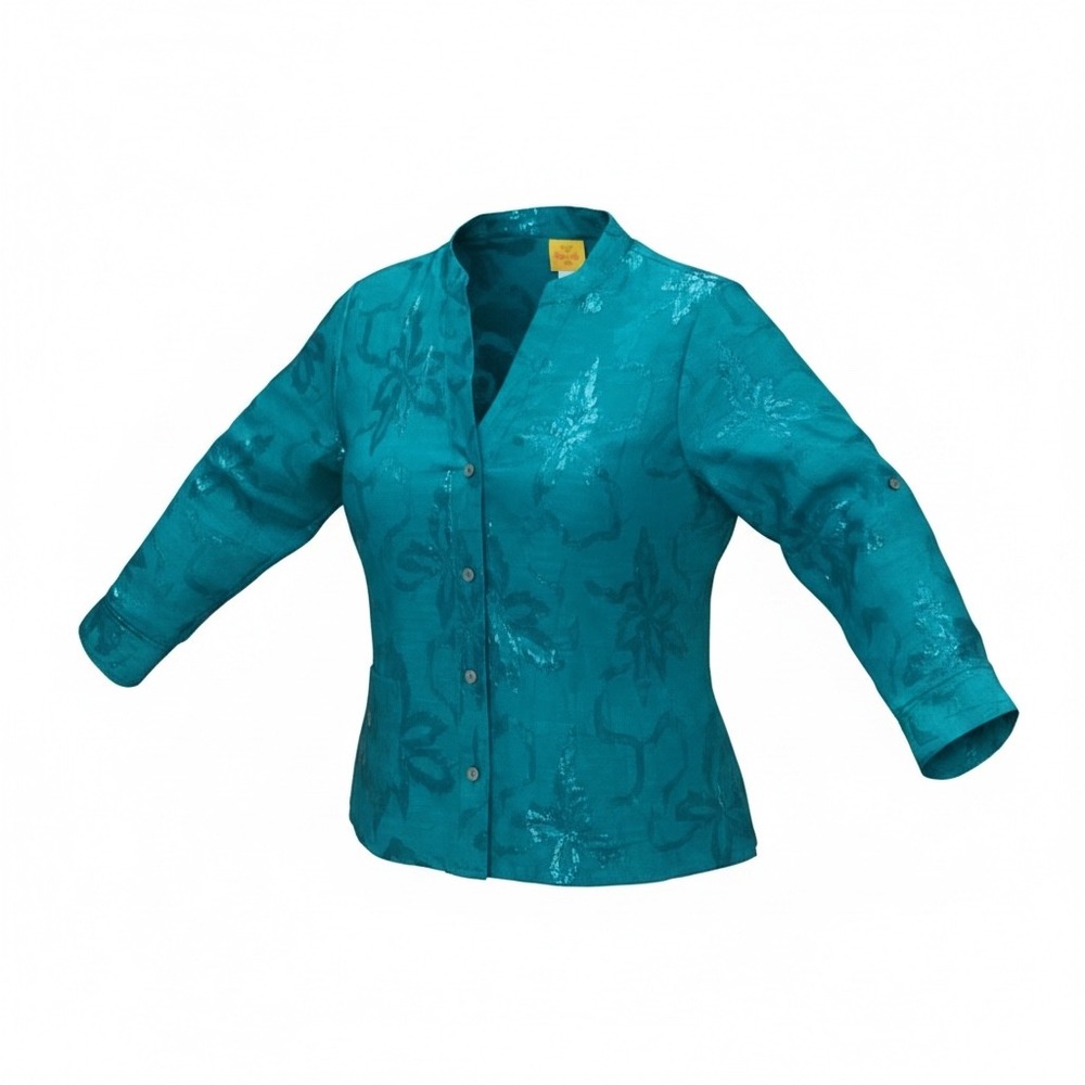 Ruby Rd Petite Teal Floral Jacquard Button Up Blouse Roll Tab Sleeve 8P